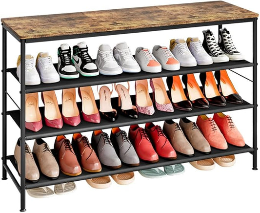 Shoe Rack Organizer 5 Tier Metal Organizer Shelf with Industrial MDF Board and Layer Fabric for Entryway Closet Bedroom Living Room Garage (Black+Rustic Brown, 4 Tier(47.2" W))