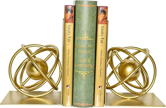 Book Ends Decorative, Modern Metal Unique Gold Bookends for Shelves, Round Design Bookend Book Stopper Holder for Home Office