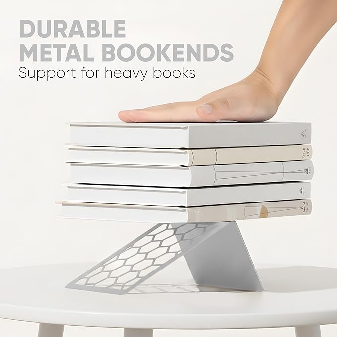 GEOMOD Geometric Honeycomb Gray Metal Bookends Decorative - Tall Sturdy Book Ends for Shelves - Modern Heavy Duty Bookend Stopper - Office or Home Book Shelf Book Holder - 6x3.25x6.25 Inches - 1 Pair
