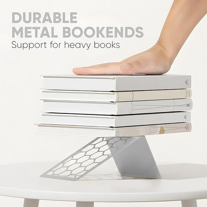 GEOMOD Geometric Honeycomb Gray Metal Bookends Decorative - Tall Sturdy Book Ends for Shelves - Modern Heavy Duty Bookend Stopper - Office or Home Book Shelf Book Holder - 6x3.25x6.25 Inches - 1 Pair