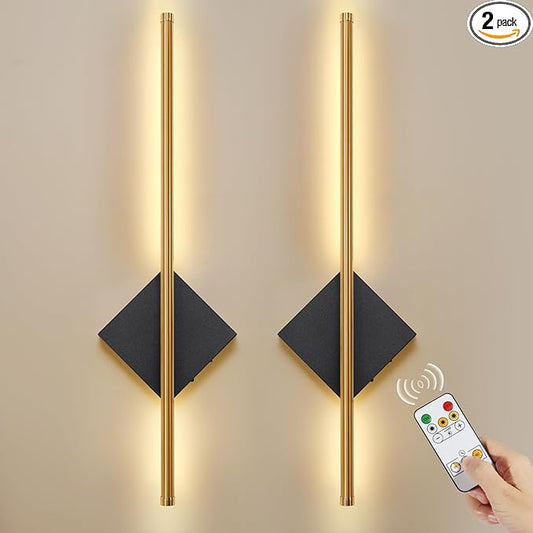 Battery Operated Wall Sconces Set of Two, Modern Sconces Wireless Cordless Rechargeable Light with Remote, Gold and Black Wall Lamp Dimmable Home Decor for Bedroom Living Room Hallway Timing 23.6 Inch