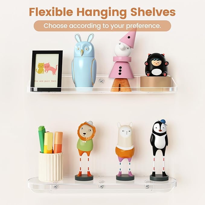 SpaceWhisper Floating Shelves for Wall, 2-Pack 15" Wall Shelves for Bathroom, Bedroom, Kitchen, Living Room, Display Hanging Shelf Organizer for Book, Picture Ledge, Figure Storage, Room Decor (Clear)