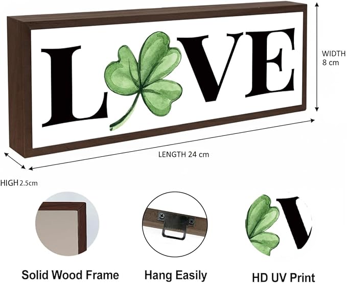 Love Wooden Table Sign, Lucky Clover Home Decor, Shelf Decoration, St. Patrick's Day Themed Decors for Cafe Shop Coffee Bar, Farmhouse Decor for St. Patrick's Day, 9.5x3.1x1 inches