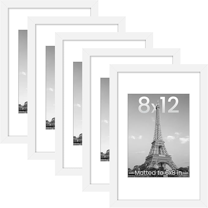 upsimples 8x12 Picture Frame Set of 5, Display Pictures 6x8 with Mat or 8 x 12 Without, Wall Gallery Photo Frames, White