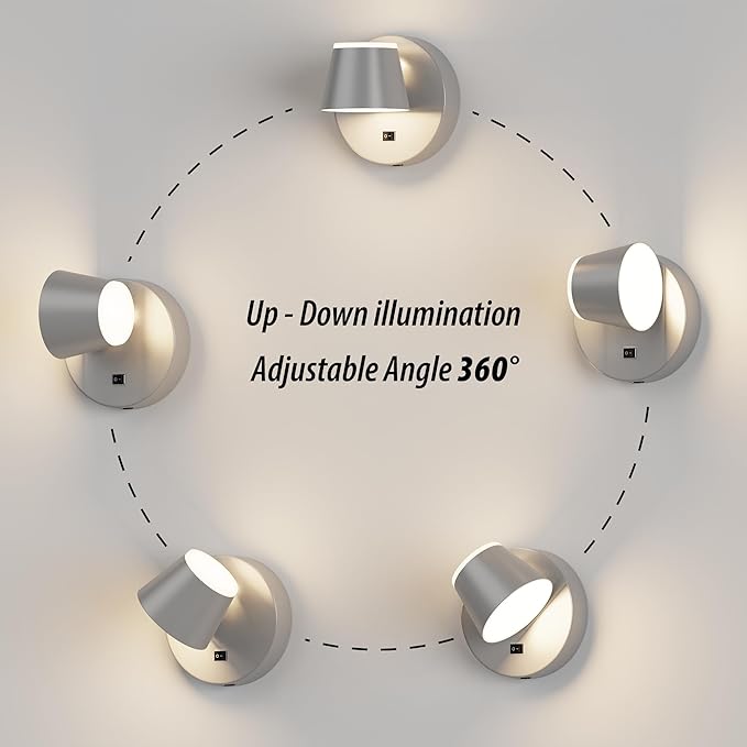 URSOLA Battery Operated Wall Sconce with Remote, LED Rechargeable Battery Wall Light with 9000mAh 3CCT and Dimmable Magnetic 360° Rotation Cordless Light for Bedroom（Grey）