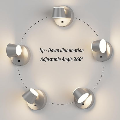 URSOLA Battery Operated Wall Lights Set of Two, LED Rechargeable Battery Wall Sconce with 9000mAh 3CCT and Dimmable Magnetic 360° Rotation Cordless Light for Bedroom（Grey）