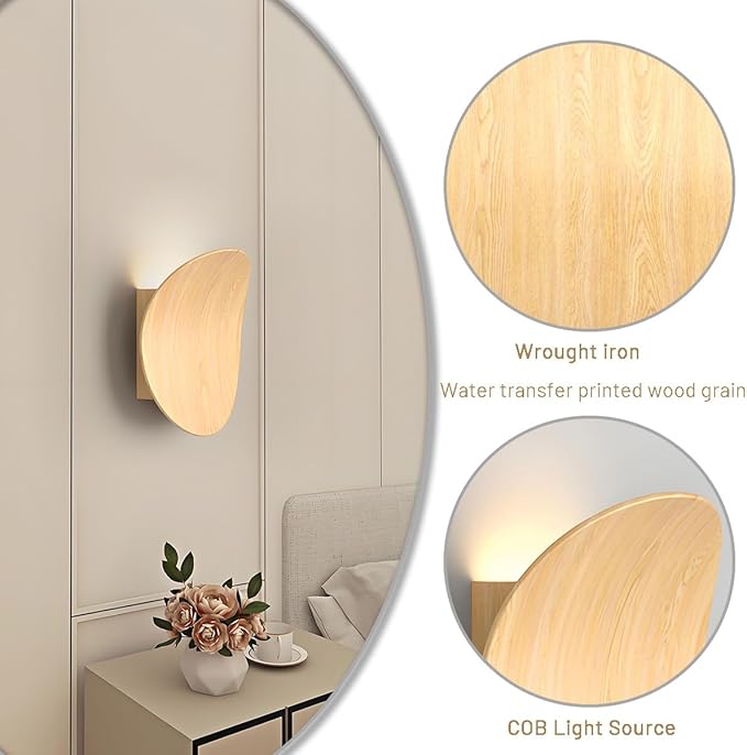 Modern Wall Sconces Natural Wood Grain Wall Lamp Minimalist Sconces Lighting 5W LED Mounted Lamp, Indoor Metal Circular Lighting Fixture for Bedroom Bathroom Stair Entryway