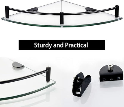 Bathroom Corner Shower Caddy, 9.5" Tempered Glass Bathroom Shelves Wall Mounted, 2 Tier Clear Shower Caddy Organizer and Storage, Corner Shelf Wall Mounted with Stainless Steel Rail - Black