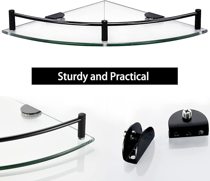 Glass Corner Shower Caddy, Rustproof Corner Shelves Wall Mounted, Clear Bathroom Shower Shelf with 6MM Thick Tempered Glass, Shower Organzier with Black Rail for Bathroom (1 Pcs)