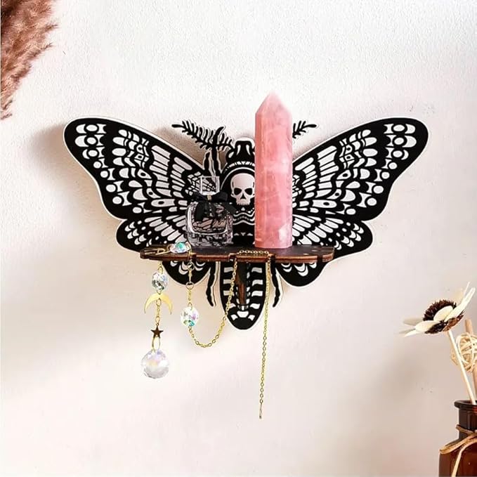 Corner Shelf Wall Corner Shelf Crystal Display with Butterfly Moth Shape, Wooden Wall Mounted Shelf Floating Shelves for Bathroom Kitchen Office Living Room, Women Aesthetic Witchy Gift (A)