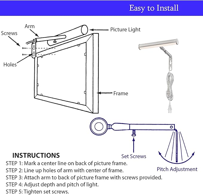 Ciata 7-Inch Picture Light with Integrated LED,3000K Warm White, 2Watt (40W Eqv) Metal Wall Mount Artwork Display Light, CRI90, 96 in Cord Length with in-line On/Off Switch in Brushed Nickel Finish