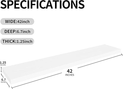 BGMG Wood Floating Shelves for Wall 42 inch Set of 2,White Floating Shelves,Solid Wood Wall Mount Shelves for Bathroom Living Room Bedroom Kitchen Farmhouse -42x 6.7 x1.25 inch
