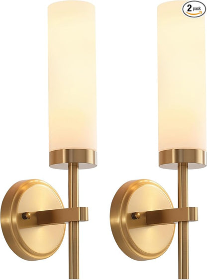 Wall Sconces Set of Two,Brass Gold Bathroom Sconces Wall Lighting with White Glass, Modern Sconces Wall Decor Set of 2 Wall Light fixtures for Bathroom Mirror Living Room Hallway Bedroom Wall Lamp