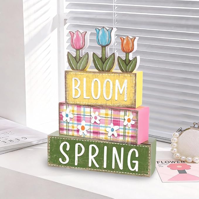 DIYDEC 6Pcs Spring Tabletop Decorations Tulip Wooden Block Signs Rustic Pastel Tulip Tiered Tray Decor Spring Centerpiece Farmhouse Wood Flower Table Sign for Kitchen Home Office Party Decor
