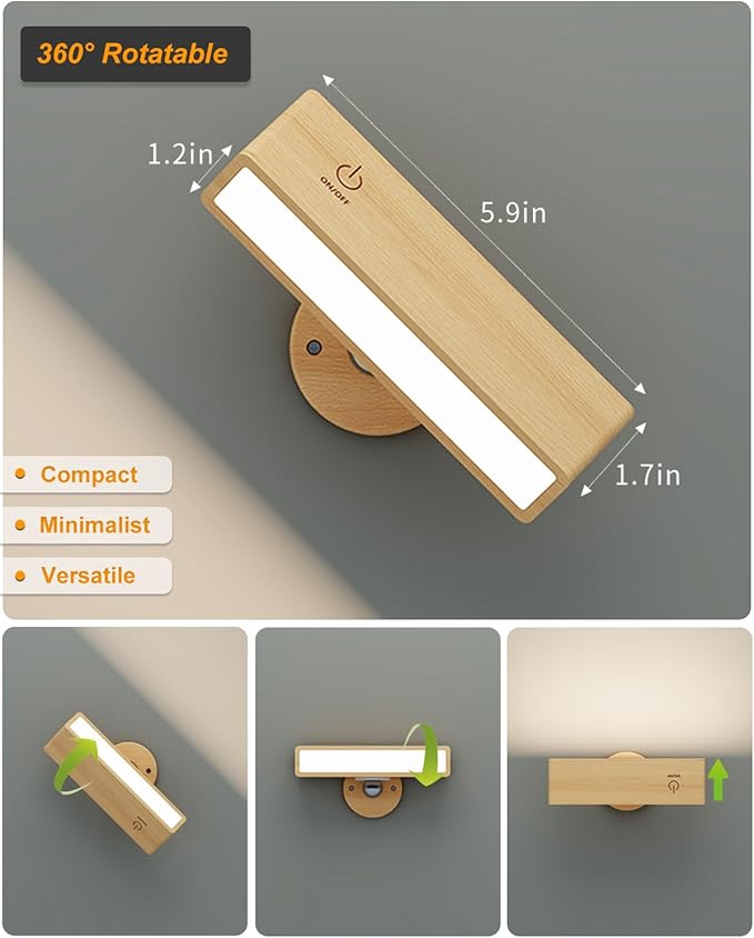 Battery Operated Wall Sconces Set of 2,Rechargeable Wall Lights Wood,Stick On Wall Lights for Bedroom,Wall Mounted Bedside Reading Lamps Dimmable,Battery Powered Wall Lamp for Bedroom