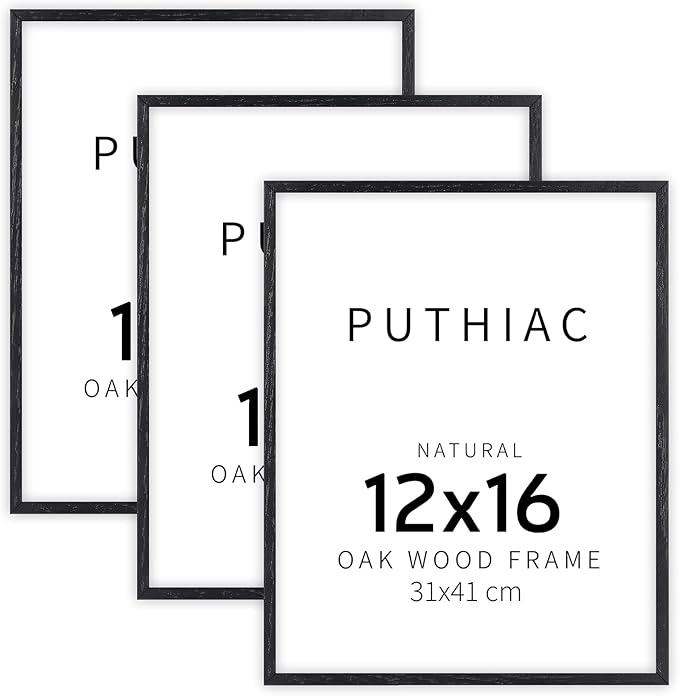 puthiac 12x16 Solid Oak Wood Picture Frame, Fits 8x12 with Mat or 12x16 Without Mat, Wall Display Only, Vertical or Horizontal, Plexi Front, 3 Pack, Black