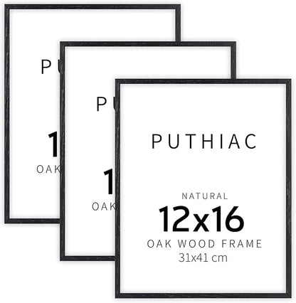 puthiac 12x16 Solid Oak Wood Picture Frame, Fits 8x12 with Mat or 12x16 Without Mat, Wall Display Only, Vertical or Horizontal, Plexi Front, 3 Pack, Black