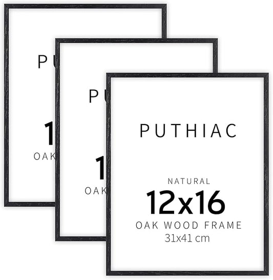 puthiac 12x16 Solid Oak Wood Picture Frame, Fits 8x12 with Mat or 12x16 Without Mat, Wall Display Only, Vertical or Horizontal, Plexi Front, 3 Pack, Black