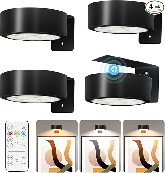 TTQ 4 PCS Magnetic Picture Lights for Wall Battery Operated,Wall Painting Light with Wireless Control,Art Display Light,Wall Decor Puck Lights for Picture Frame Portrait Artworking