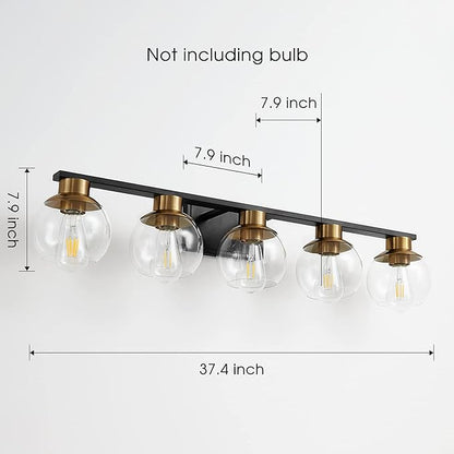 PAZALA Black Gold Bathroom Light Fixtures Over Mirror 5-Lights Vanity Light Wall Sconce with Globe Glass Shade, E26 Base, Perfect for Hallway Picture Wall Lighting Bathroom Bedroom Mirror Living Room