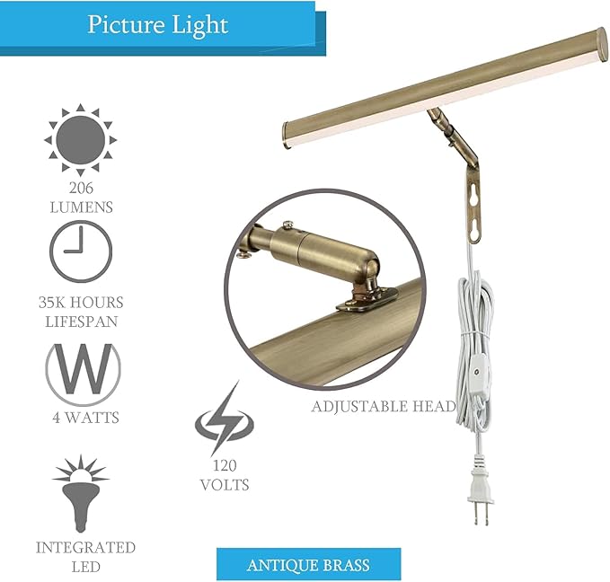 Ciata 14-Inch Picture Light with Integrated LED,3000K Warm White, 4 Watt (40W Eqv) Metal Wall Mount Artwork Display Light, CRI 90, 96 in Cord Length with in-line On/Off Switch in Antique Brass Finish