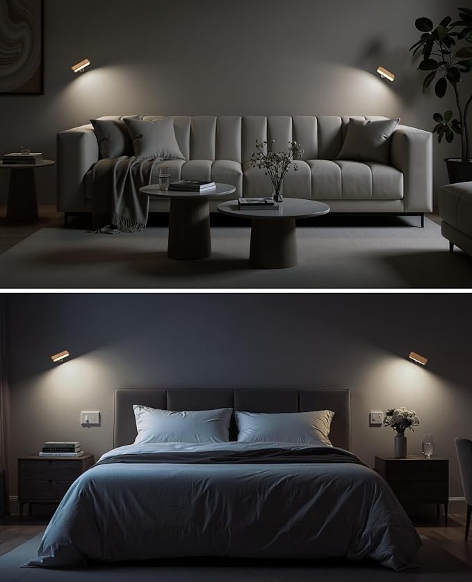 Wood Battery Operated Wall Sconce Set of 2, Magnetic Mini Wall Lights with 360° Rotation and Adjustable Brightness, Stick-On Mount for Bedside, Hallway, Living Room (2Pack Beech Wood)
