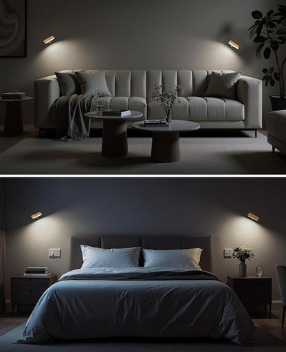Wood Battery Operated Wall Sconce Set of 2, Magnetic Mini Wall Lights with 360° Rotation and Adjustable Brightness, Stick-On Mount for Bedside, Hallway, Living Room (2Pack Beech Wood)