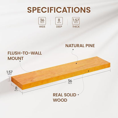 Heimlove 36 Inch Floating Shelves for Wall Brown Shelves Set of 2,Wall Mounted Rustic Wood 8 Inch Deep Floating Shelf with Invisible Brackets for Bedroom Kitchen Living Room