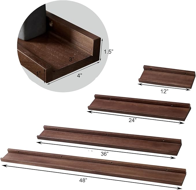 12 Inch Floating Shelves Wall Mounted Set of 2, Rustic Wall Shelves for Decor and Storage, Solid Walnut Wood Shelf, Picture Ledge for Bedroom/Bathroom/Living Room/Kitchen, Walnut Color, 12*4*1.5