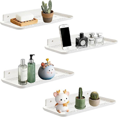 Adhesive Floating Shelves No Drill Floating Shelf for Wall Storage Damage-Free Wall Mounted Organizer for Bathroom, Kitchen, Bedroom & Office (White, 4 PCS)