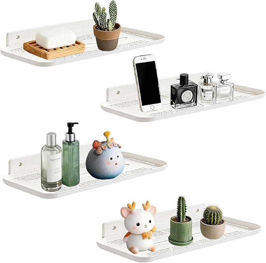 Adhesive Floating Shelves No Drill Floating Shelf for Wall Storage Damage-Free Wall Mounted Organizer for Bathroom, Kitchen, Bedroom & Office (White, 4 PCS)