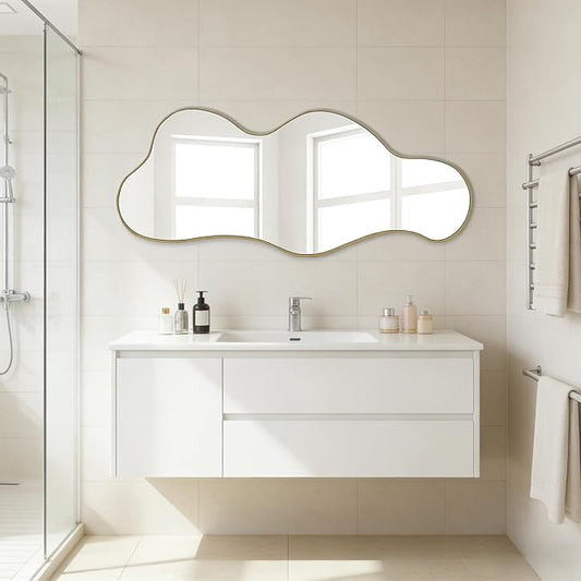 POZINO Irregular Wall Mirror, 39.3"x16" Asymmetrical Mirrors, Cloud Shaped Mirror, Gold Modern Abstract Frameless Mirrors for Bathroom Living Room Bedroom Entryway Hallway