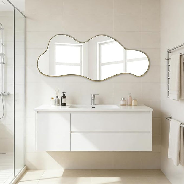 POZINO Irregular Wall Mirror, 39.3"x16" Asymmetrical Mirrors, Cloud Shaped Mirror, Gold Modern Abstract Frameless Mirrors for Bathroom Living Room Bedroom Entryway Hallway
