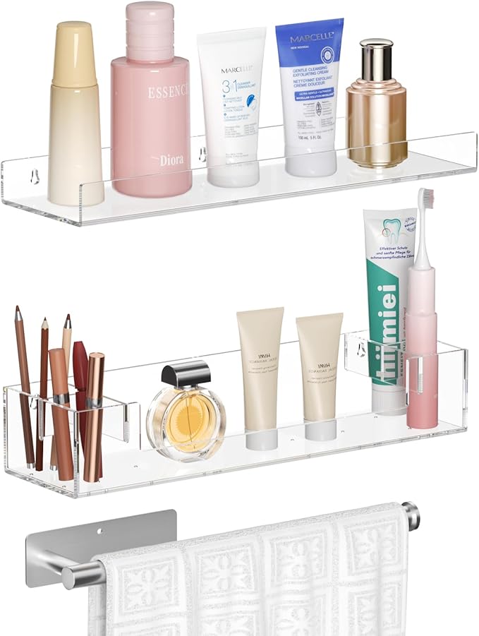 HIIMIEI Bathroom Shelves Wall Mounted: Clear Floating Shelf with Hand Towel Bar, 14.9in Acrylic Hanging Shelves Over Toilet, Set of 3 Bathroom Organizers Rack for Skin Care, Perfume, Lotion, Storage