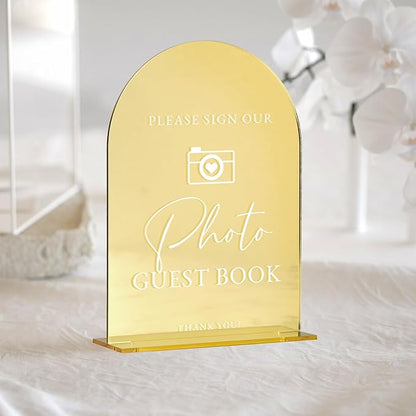Acrylic Photo Guestbook Sign with Stand- 5"x7" Gold Mirror Arched Wedding Signs and Base,1/8" Thick | Modern Calligraphy White Lettering Arch Acrylic Sign for Wedding Reception & Party(Gold, 5X7 Inch)