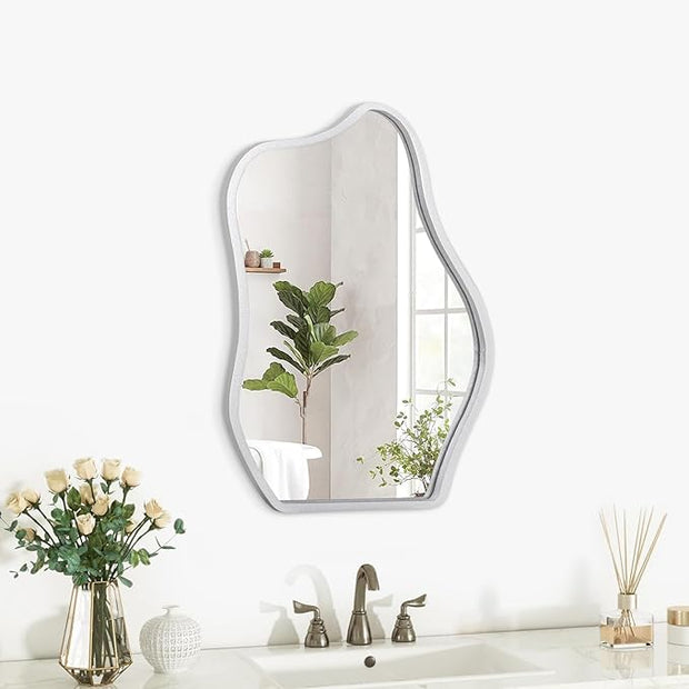 Modern Asymmetrical Mirror Unique Irregular Wooden Framed Mirror for Wall Hanging Mirror Artistic Cloud Shape Wall Mirror Decor Bathroom Bedroom Living Room Entryway Hallway Small