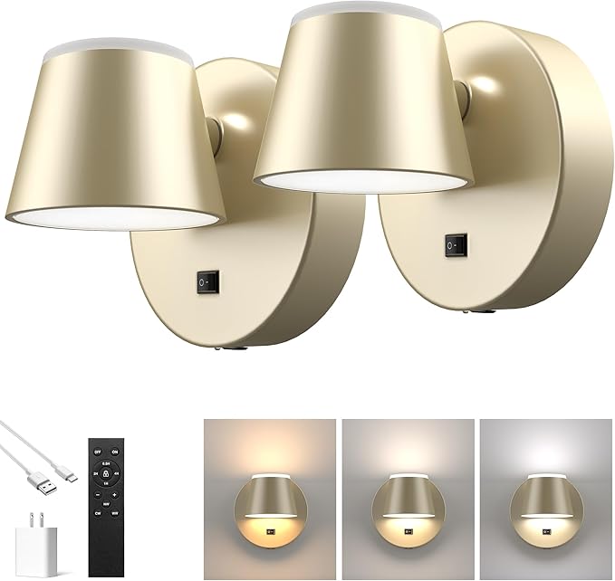 URSOLA Battery Operated Wall Lights Set of Two, LED Rechargeable Battery Wall Sconce with 9000mAh 3CCT and Dimmable Magnetic 360° Rotation Cordless Light for Bedroom（Champaign）