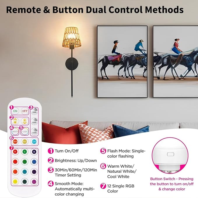 Boho Battery Operated Wall Sconce Set of 2, Black Rattan Rechargeable Wall Lights with Dimmable Bulbs and Remote,15 Colors Wireless Wall Lamps for Bedroom Living Room Hallway Decor