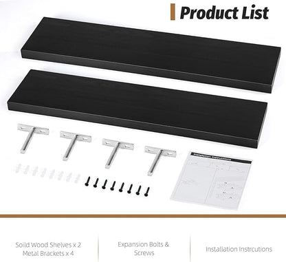 Floating Shelves (Set of 2) – Wall Mounted Shelves for Home Décor and Storage, Natural Pine Wood, Suitable for Living Room and Bedroom (Black, 23.6" x 5.7" x 1.0")