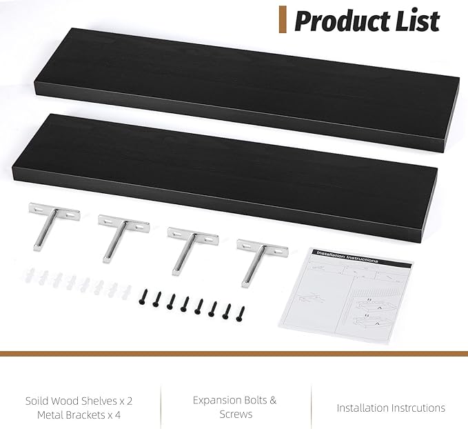 Floating Shelves (Set of 2) – Wall Mounted Shelves for Home Décor and Storage, Natural Pine Wood, Suitable for Living Room and Bedroom (Black, 23.6