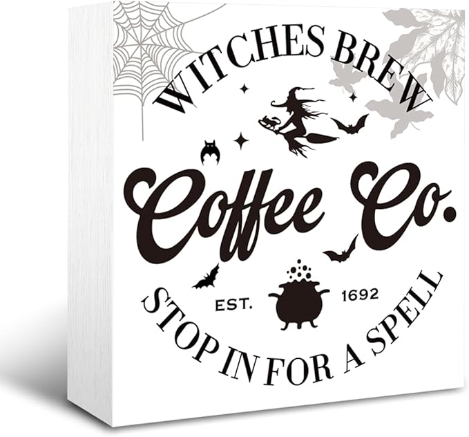 Halloween Coffee Bar Decor, Rustic Box Sign Tabletop, Coffee Bar Decor, Halloween Home Decoration, Farmhouse Decoration for Shelf 5 * 5inch