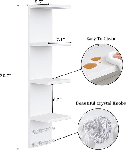 4 Tier White Lack Shelf Vanity Wall Shelf with 10 Crystal Hooks - Multi-Functional Storage for Makeup, Jewelry, Plants, Awards & Display (L7.1 x W5.5 x H30.7) (2)