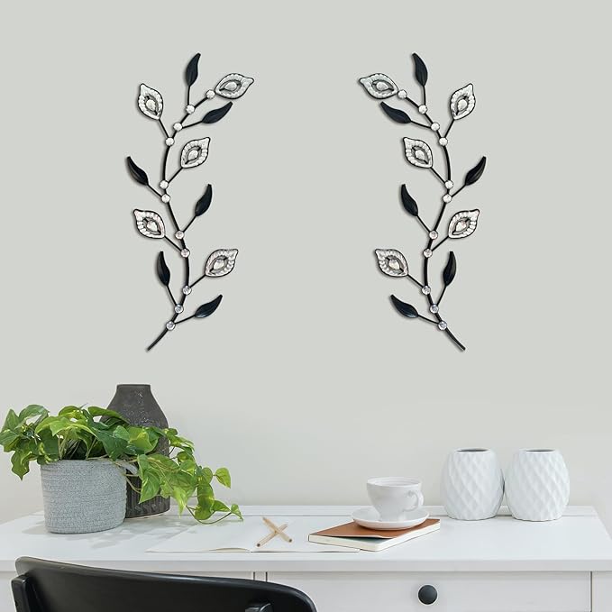 sxnzequnze 2 Pcs Metal Leaf Wall Art Crystal Bling Decorations Silver Leaves 3D Iron Handmade Home Decor Hanging Minimalist Accents Modern Set for Living Room Bathroom Bedroom Dining Room Hallway