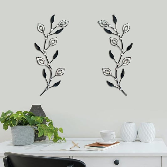 sxnzequnze 2 Pcs Metal Leaf Wall Art Crystal Bling Decorations Silver Leaves 3D Iron Handmade Home Decor Hanging Minimalist Accents Modern Set for Living Room Bathroom Bedroom Dining Room Hallway