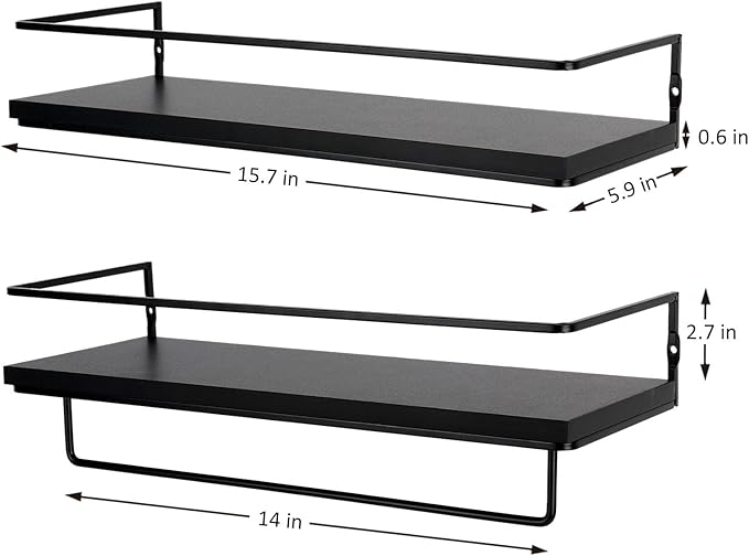 Floating Bathroom Shelves Set of 2 Wall Mounted Shelf with Black Metal Frame and Towel Rack for Bathroom Over Toilet Storage and Organizers for Bedroom Living Room Kitchen Office