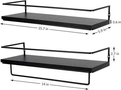Floating Bathroom Shelves Set of 2 Wall Mounted Shelf with Black Metal Frame and Towel Rack for Bathroom Over Toilet Storage and Organizers for Bedroom Living Room Kitchen Office