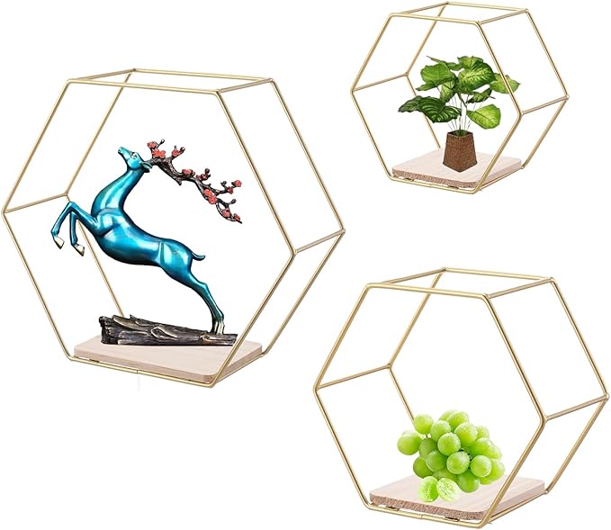 Wall Mounted Hexagon Floating Shelves, Metal Framed Gold Shelf with Wooden Floor Storage Shelves, Modern Wall Decor for Living Room, Bedroom, Kitchen, Office, Set of 3 Size ﻿
