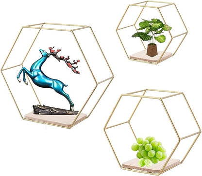 Wall Mounted Hexagon Floating Shelves, Metal Framed Gold Shelf with Wooden Floor Storage Shelves, Modern Wall Decor for Living Room, Bedroom, Kitchen, Office, Set of 3 Size ﻿