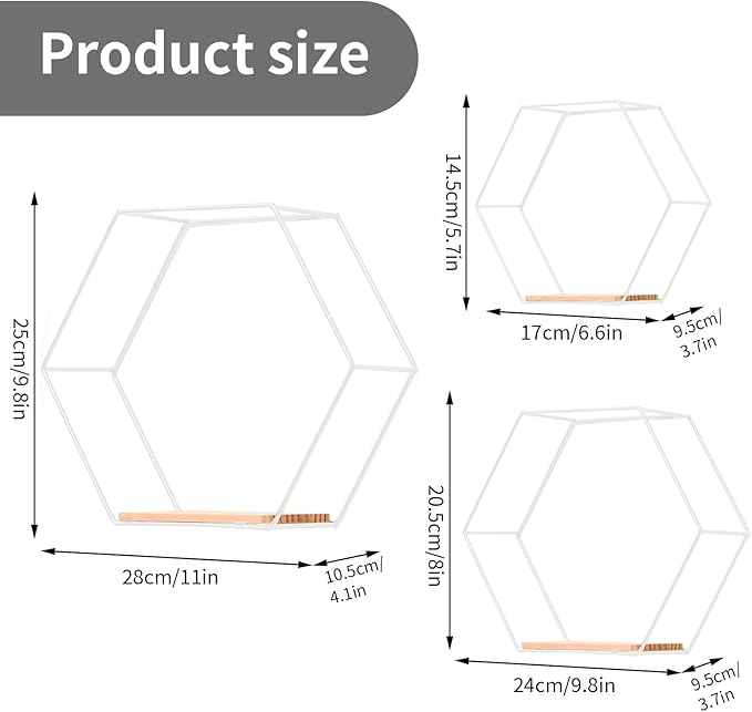 Modern Metal White Hexagonal Floating Shelves - Set of 3, Wood Partition Shelves for Bedroom, Living Room, Kitchen, Office, Plants and Art