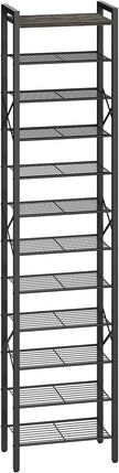 12-Tier Narrow Shoe Rack, Tall Shoe Rack for 12-24 Pairs, Slim Shoe Storage Organizer with Wooden Top, Space Saving, Metal Frame, for Entryway, Charcoal and Black SS61BC